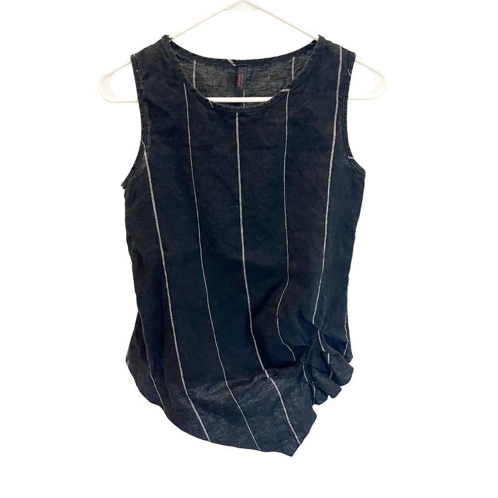 Inizio Italy Linen Pinstripe Tank Top Black Lagenlook Artsy Asymmetrical Large